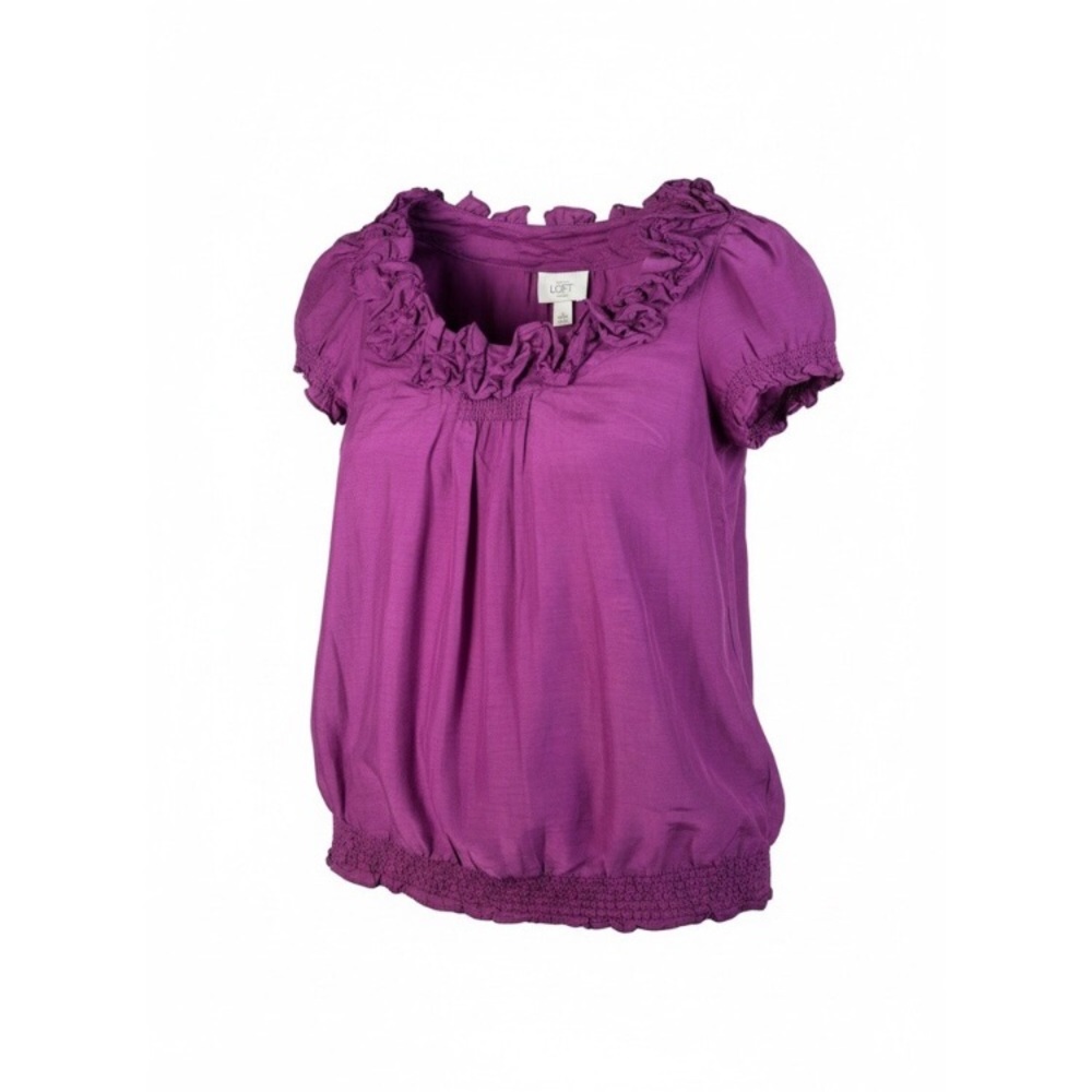 LOFT Petites Silk Blend Ruffle Neck Smocked Blouse Purple Lightweight XXSP